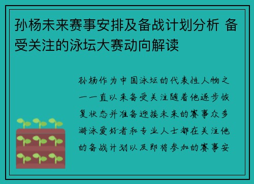 孙杨未来赛事安排及备战计划分析 备受关注的泳坛大赛动向解读